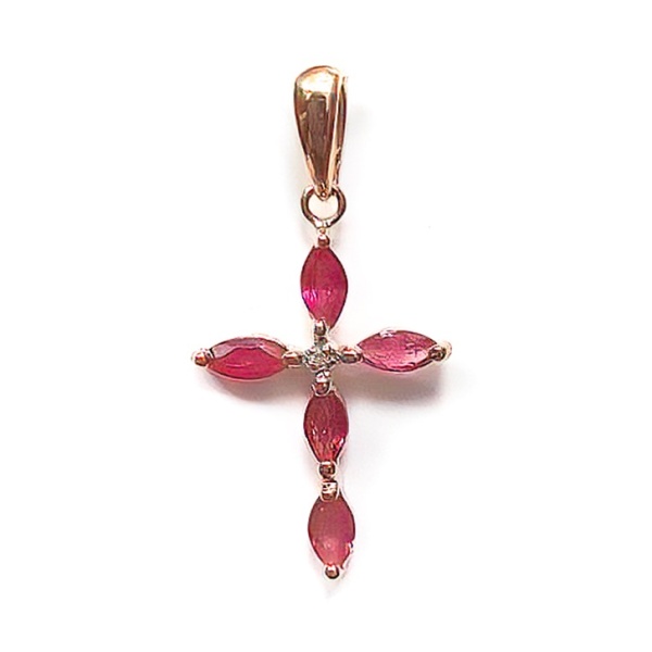 Декоративный крестик из красного золота с рубинами и бриллиантом